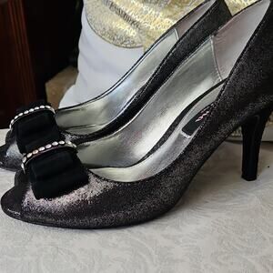 Black Tie Evening Formal Peep Toe High Heel Shoes With Rhinestone Bows
